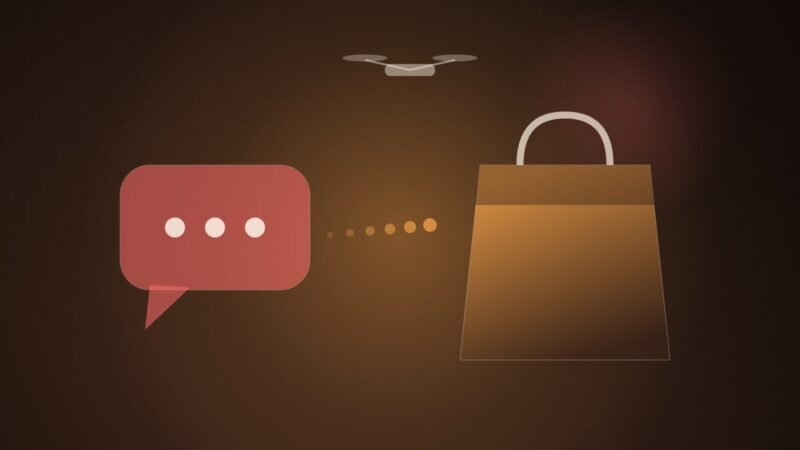 Illustration: a chat bubble turning into a takeout bag, with a delivery drone overhead.