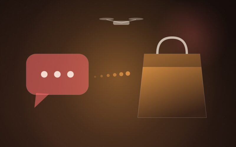 Illustration: a chat bubble turning into a takeout bag, with a delivery drone overhead.