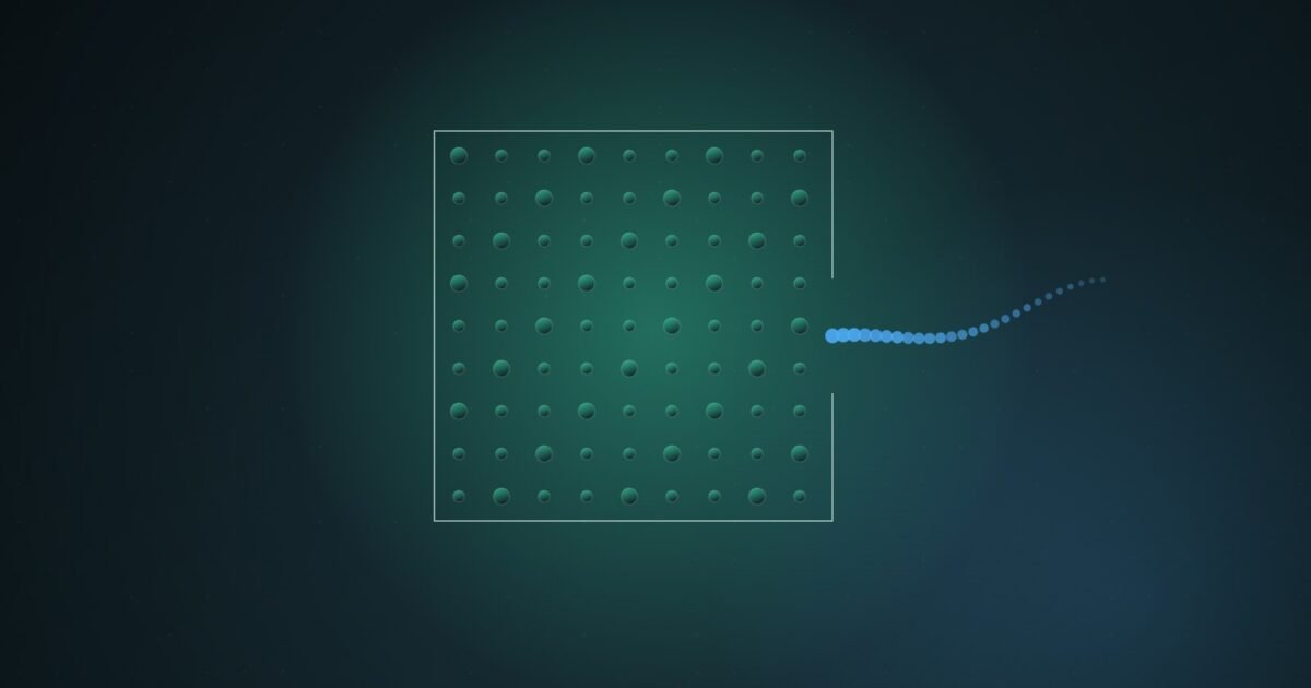 Abstract illustration of a grid of teal and blue nodes with a single open gateway in its border, a stream of small glowing points leaking outward through the gap, on a dark blue-green gradient