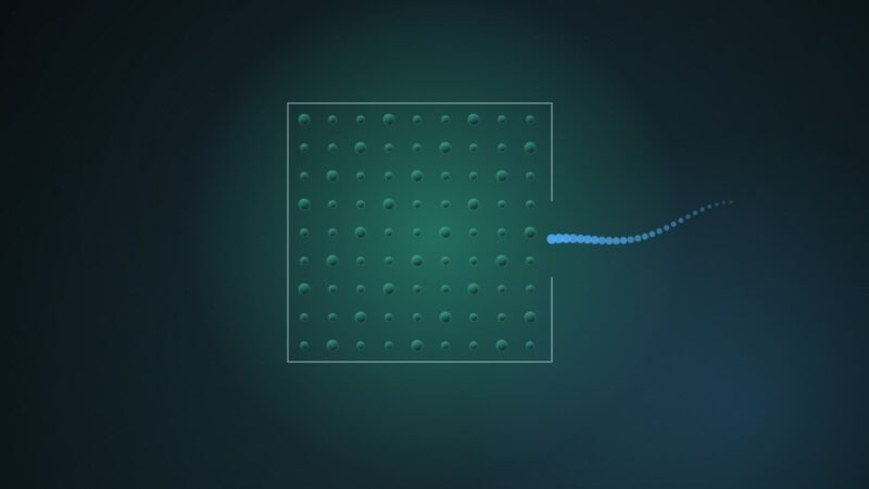 Abstract illustration of a grid of teal and blue nodes with a single open gateway in its border, a stream of small glowing points leaking outward through the gap, on a dark blue-green gradient