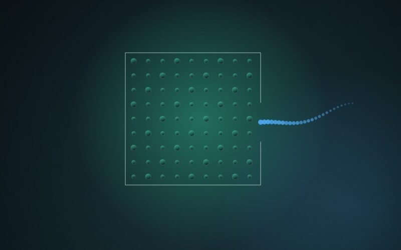 Abstract illustration of a grid of teal and blue nodes with a single open gateway in its border, a stream of small glowing points leaking outward through the gap, on a dark blue-green gradient