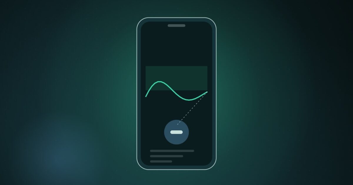 Illustration: a phone showing a glucose trend line settling into a single dose marker.