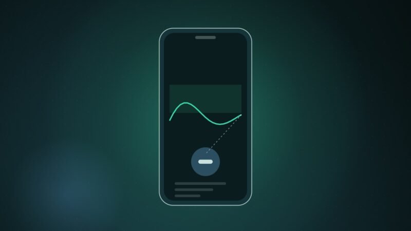 Illustration: a phone showing a glucose trend line settling into a single dose marker.