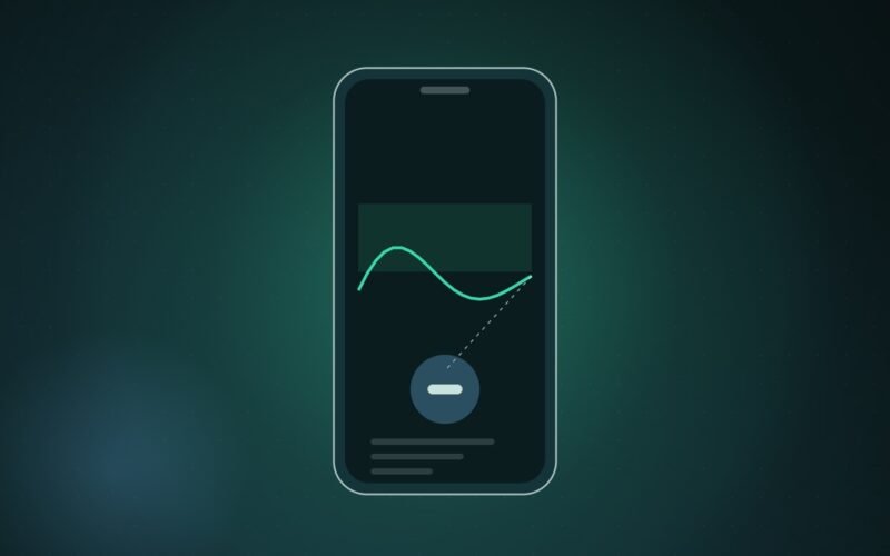 Illustration: a phone showing a glucose trend line settling into a single dose marker.
