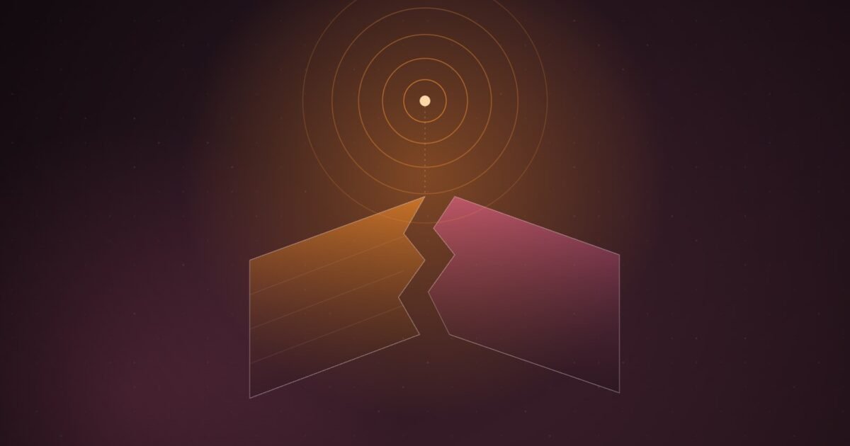 Abstract illustration of a large orange-and-pink geometric slab split by a jagged fault line, with a single bright broadcast ring pulsing from a point above it, on a dark wine-red gradient