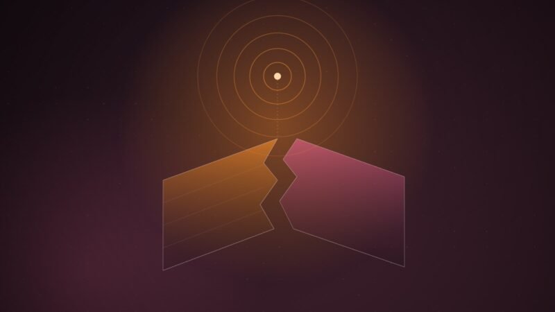 Abstract illustration of a large orange-and-pink geometric slab split by a jagged fault line, with a single bright broadcast ring pulsing from a point above it, on a dark wine-red gradient