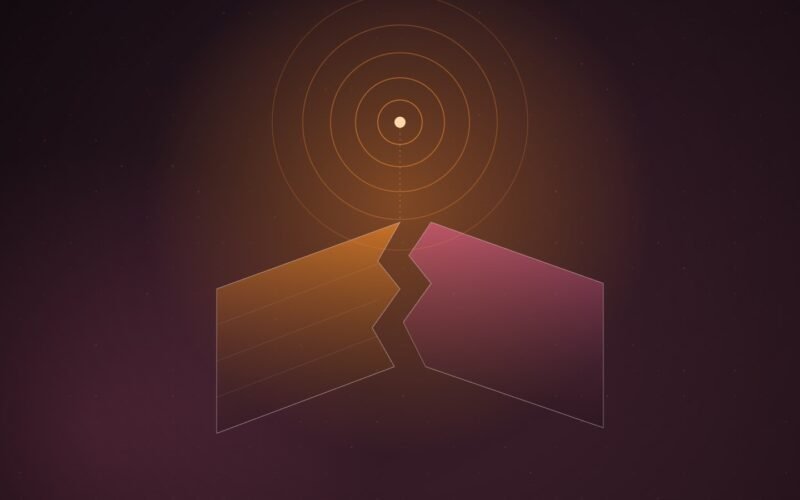 Abstract illustration of a large orange-and-pink geometric slab split by a jagged fault line, with a single bright broadcast ring pulsing from a point above it, on a dark wine-red gradient