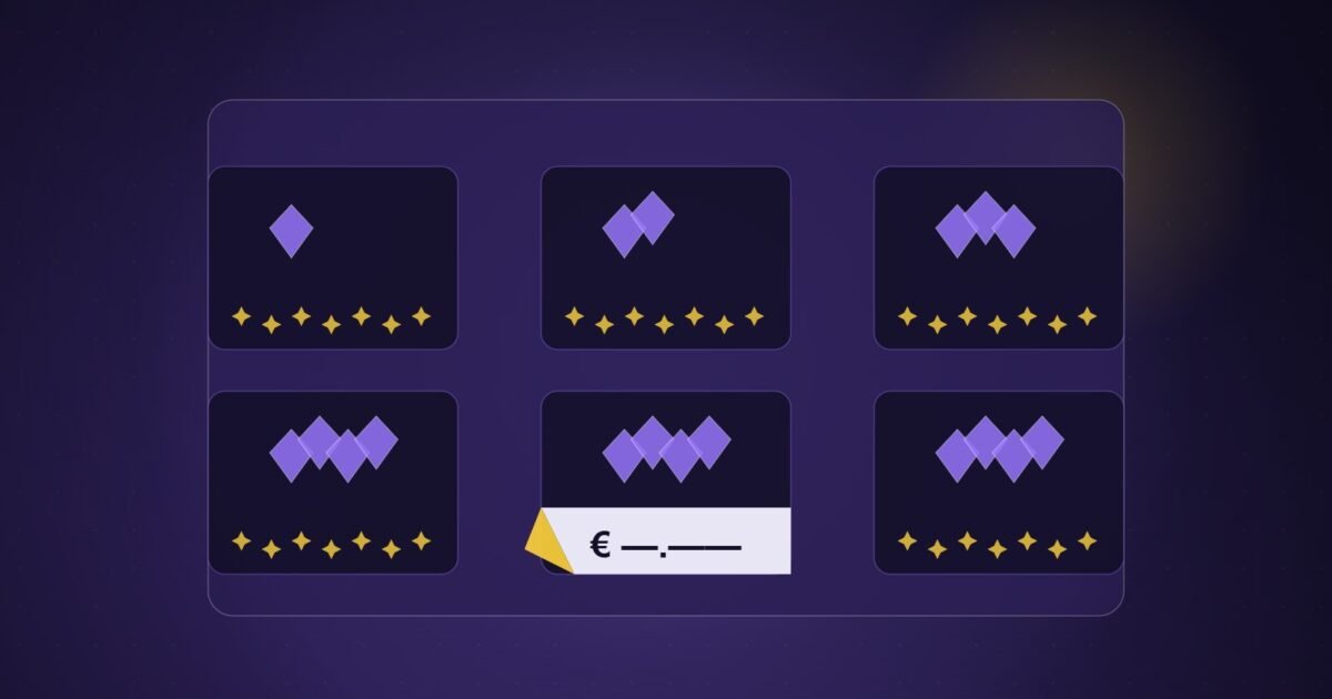 Illustration: an in-game store of gem bundles, with one price tag peeled back to show euros.