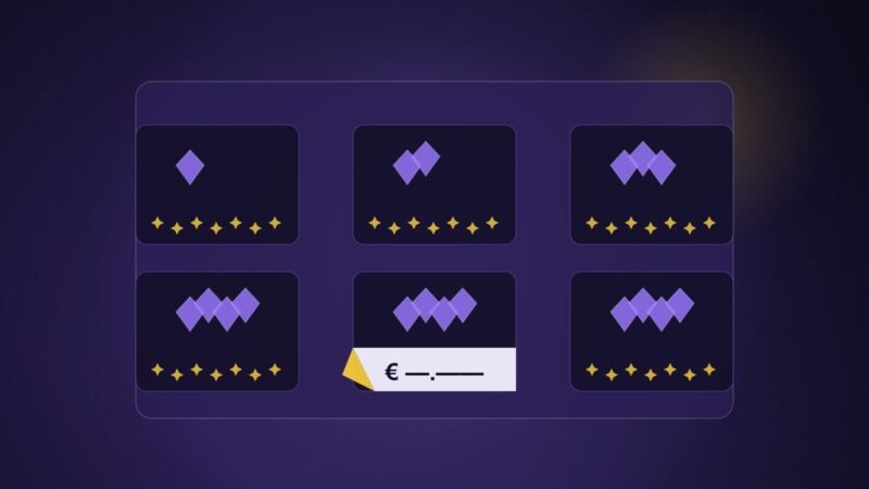 Illustration: an in-game store of gem bundles, with one price tag peeled back to show euros.