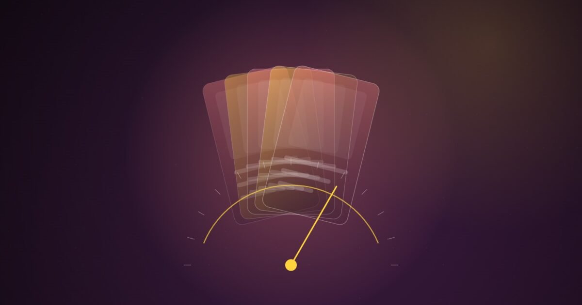 Abstract illustration of five translucent coral and gold feed cards fanned above a dial whose needle has been turned, on a dark plum background