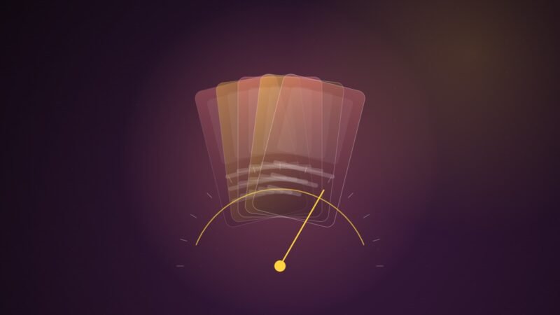Abstract illustration of five translucent coral and gold feed cards fanned above a dial whose needle has been turned, on a dark plum background