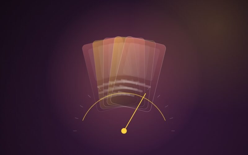 Abstract illustration of five translucent coral and gold feed cards fanned above a dial whose needle has been turned, on a dark plum background