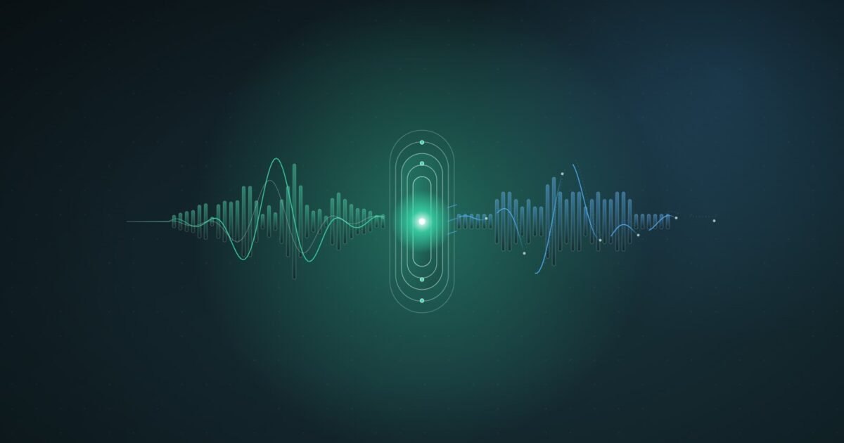Abstract illustration: a true waveform passing through a gate while a cloned waveform breaks apart