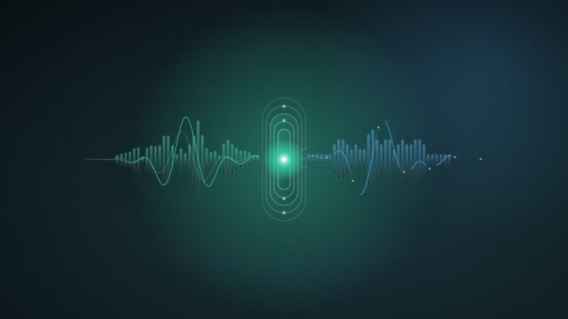 Abstract illustration: a true waveform passing through a gate while a cloned waveform breaks apart