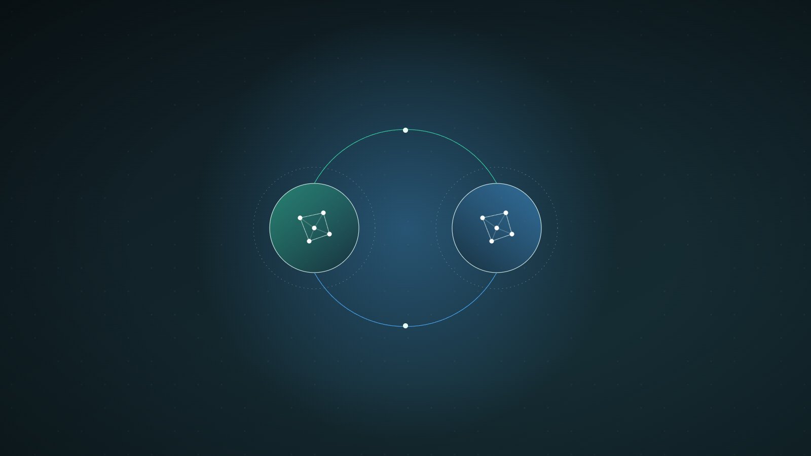 Two circular nodes, one teal and one blue, each holding the same small constellation of points, joined by a closed loop of curved lines.