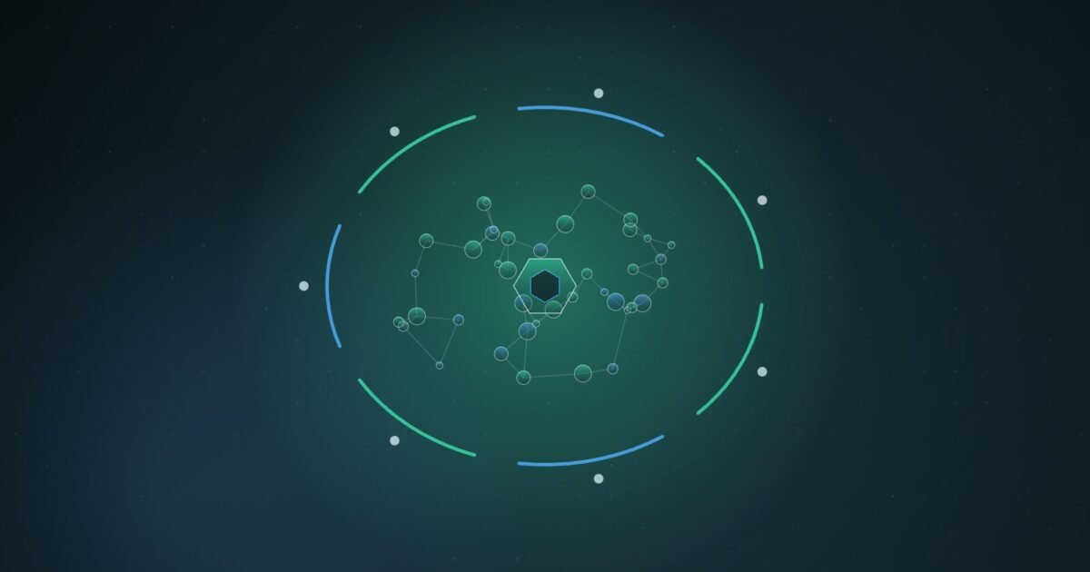 Abstract illustration of a tangled mesh of teal and blue network nodes around a hexagonal core, enclosed by seven separate glowing arcs closing in like a cordon, over a dark blue-green dot grid