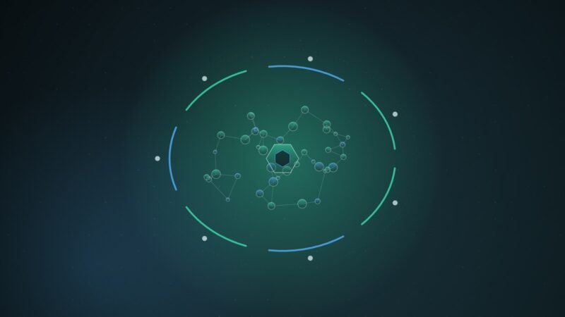 Abstract illustration of a tangled mesh of teal and blue network nodes around a hexagonal core, enclosed by seven separate glowing arcs closing in like a cordon, over a dark blue-green dot grid