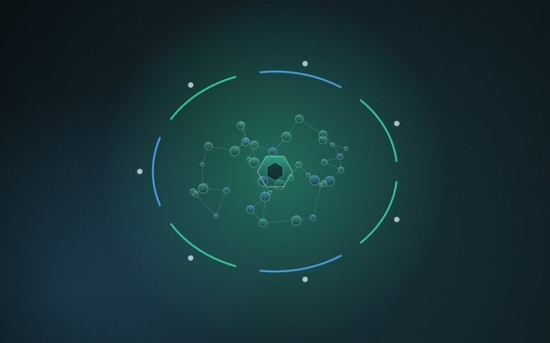 Abstract illustration of a tangled mesh of teal and blue network nodes around a hexagonal core, enclosed by seven separate glowing arcs closing in like a cordon, over a dark blue-green dot grid