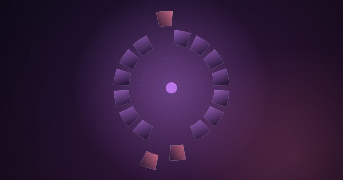 Abstract illustration of a ring of glowing violet segments around a bright core, with three pink segments broken off and drifting outward, on a deep purple gradient