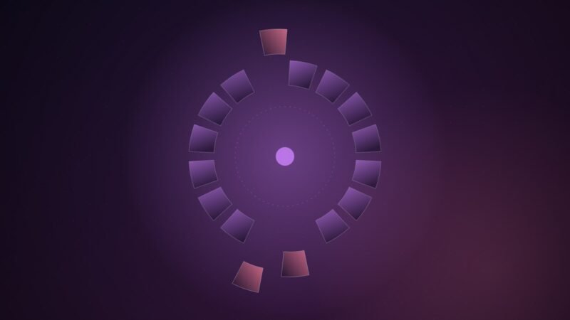 Abstract illustration of a ring of glowing violet segments around a bright core, with three pink segments broken off and drifting outward, on a deep purple gradient