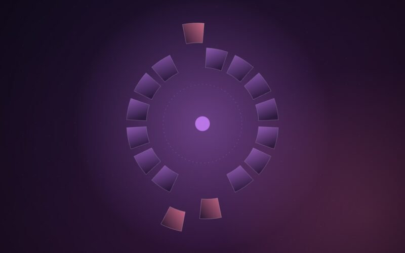 Abstract illustration of a ring of glowing violet segments around a bright core, with three pink segments broken off and drifting outward, on a deep purple gradient
