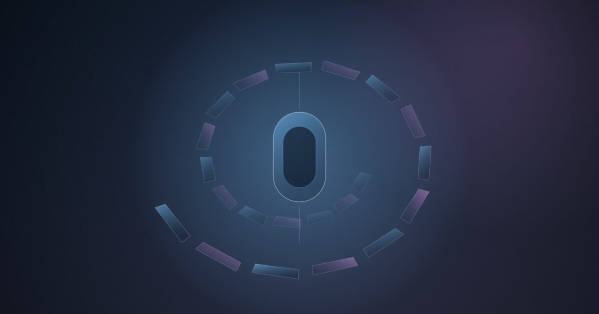 Abstract illustration of a pill-shaped tracker outline at the centre, circled by a widening spiral of 21 small blue and violet segments on a dark navy background.