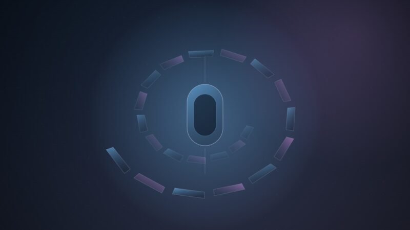 Abstract illustration of a pill-shaped tracker outline at the centre, circled by a widening spiral of 21 small blue and violet segments on a dark navy background.