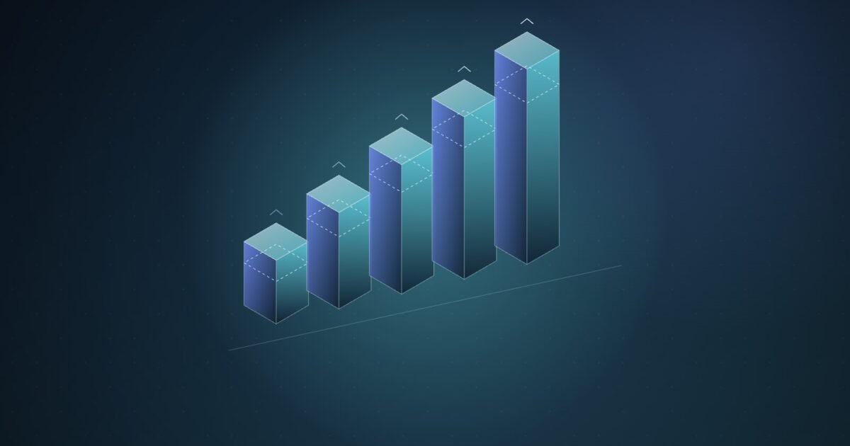 Abstract illustration of five glowing cyan and blue isometric bars stepping upward, each with a dashed line marking a lower former height and a small upward chevron, on a dark teal gradient