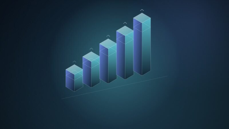 Abstract illustration of five glowing cyan and blue isometric bars stepping upward, each with a dashed line marking a lower former height and a small upward chevron, on a dark teal gradient