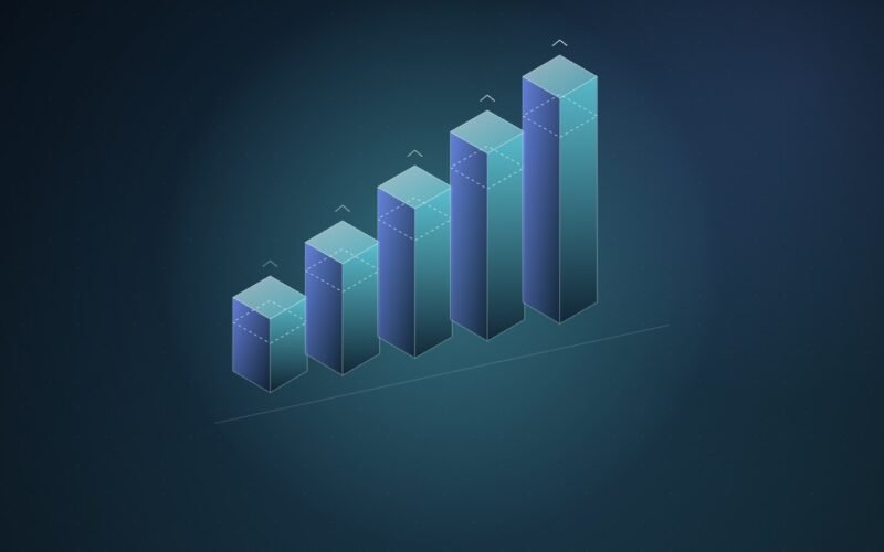 Abstract illustration of five glowing cyan and blue isometric bars stepping upward, each with a dashed line marking a lower former height and a small upward chevron, on a dark teal gradient