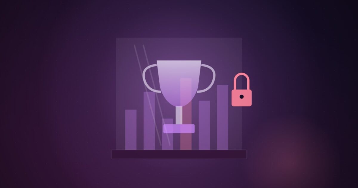 Illustration: a trophy locked inside a glass case, with benchmark bars visible behind it.