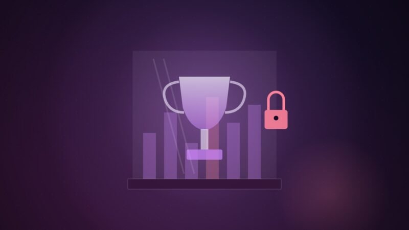 Illustration: a trophy locked inside a glass case, with benchmark bars visible behind it.