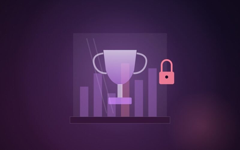 Illustration: a trophy locked inside a glass case, with benchmark bars visible behind it.
