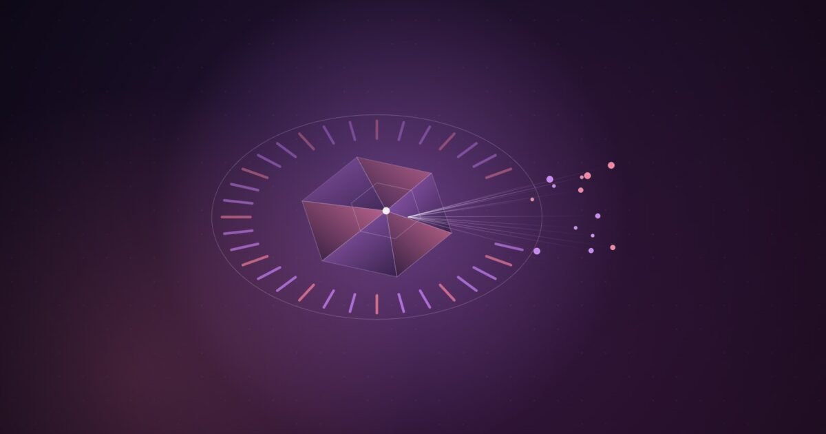 Abstract illustration of a faceted violet hexagonal gem inside a ring of gate-like bars with one opening, through which thin rays reach a small cluster of pink and violet nodes.