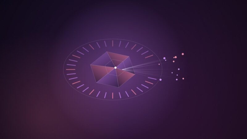 Abstract illustration of a faceted violet hexagonal gem inside a ring of gate-like bars with one opening, through which thin rays reach a small cluster of pink and violet nodes.