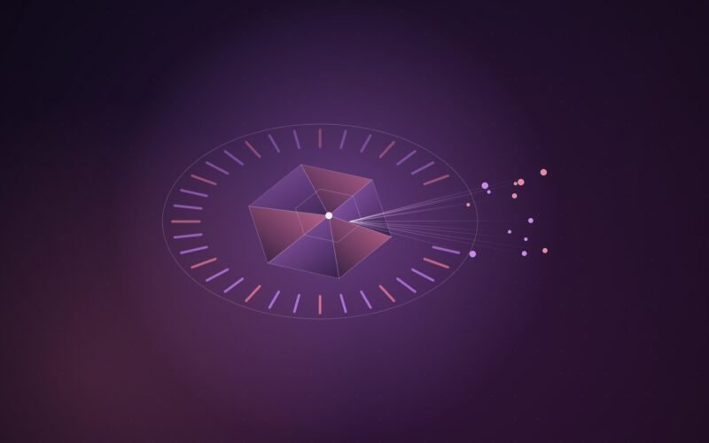 Abstract illustration of a faceted violet hexagonal gem inside a ring of gate-like bars with one opening, through which thin rays reach a small cluster of pink and violet nodes.