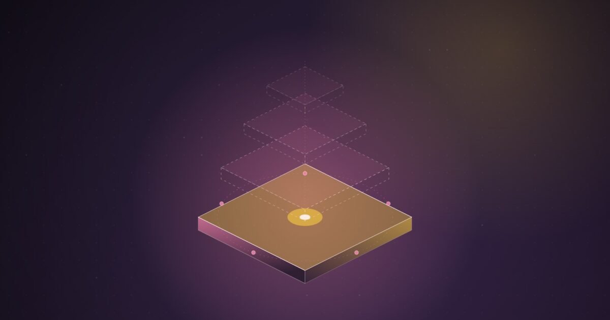 Abstract illustration of an isometric stack of four tiers on a purple gradient: only the bottom slab is solid and lit, ringed by five small points, while the tiers above it are empty dashed outlines