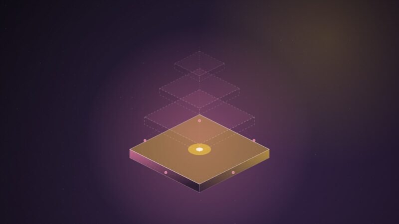 Abstract illustration of an isometric stack of four tiers on a purple gradient: only the bottom slab is solid and lit, ringed by five small points, while the tiers above it are empty dashed outlines