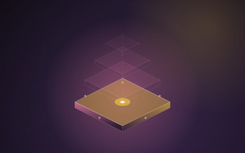 Abstract illustration of an isometric stack of four tiers on a purple gradient: only the bottom slab is solid and lit, ringed by five small points, while the tiers above it are empty dashed outlines