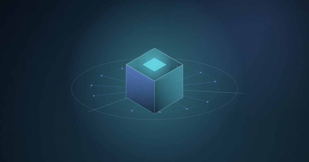 Abstract illustration of a translucent teal and blue isometric cube with a glowing top panel, ringed by a dashed perimeter that stops most outward lines.
