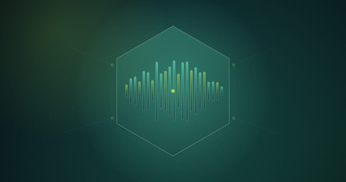 Abstract illustration of mint and lime waveform bars sealed inside a glowing hexagon, with dashed signal lines from outside stopping at its edge, over a dark teal dot grid