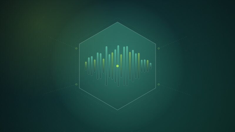 Abstract illustration of mint and lime waveform bars sealed inside a glowing hexagon, with dashed signal lines from outside stopping at its edge, over a dark teal dot grid