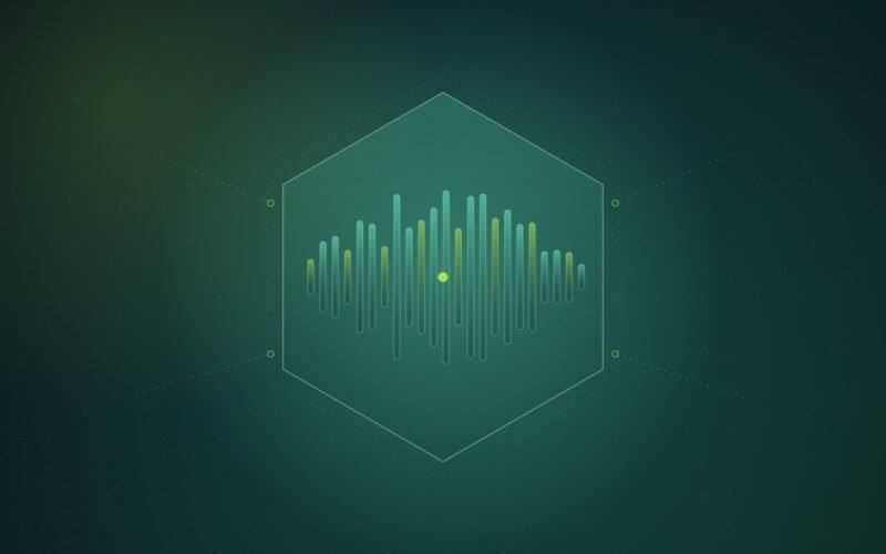 Abstract illustration of mint and lime waveform bars sealed inside a glowing hexagon, with dashed signal lines from outside stopping at its edge, over a dark teal dot grid