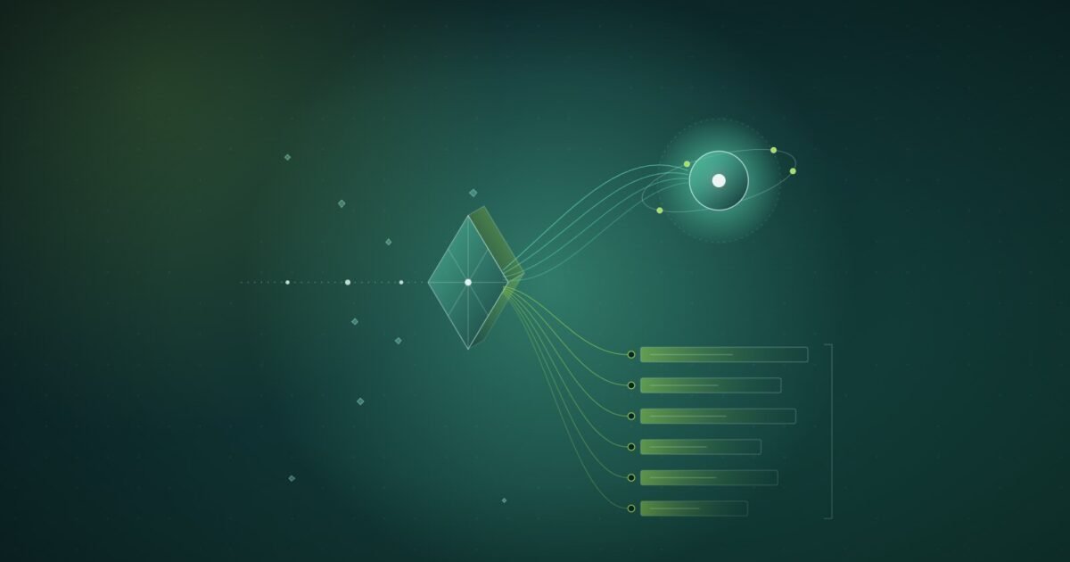 Abstract illustration: a query line hitting a faceted prism and splitting into a glowing orb and a list of bars