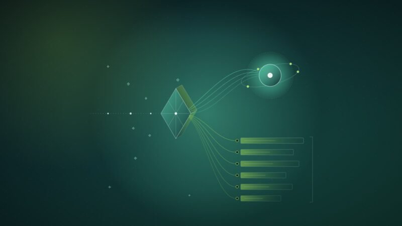 Abstract illustration: a query line hitting a faceted prism and splitting into a glowing orb and a list of bars