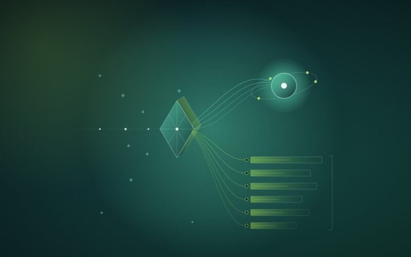 Abstract illustration: a query line hitting a faceted prism and splitting into a glowing orb and a list of bars