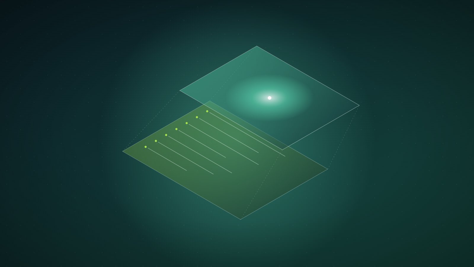 A translucent upper panel holding a soft glowing blob lifts away from a lower panel, revealing neat rows of plain lines and dots beneath it.