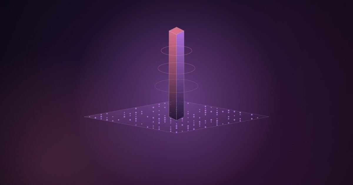 Abstract illustration of a wide, flat violet plane dotted with many small nodes, pierced by a single tall, narrow pink prism circled by rings