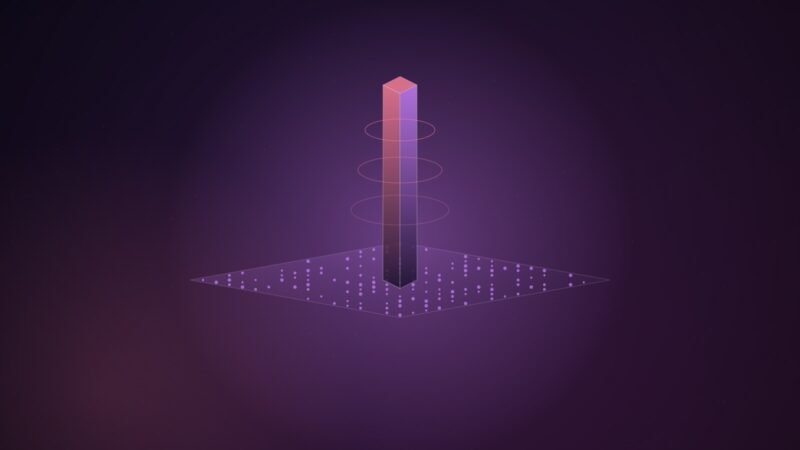 Abstract illustration of a wide, flat violet plane dotted with many small nodes, pierced by a single tall, narrow pink prism circled by rings