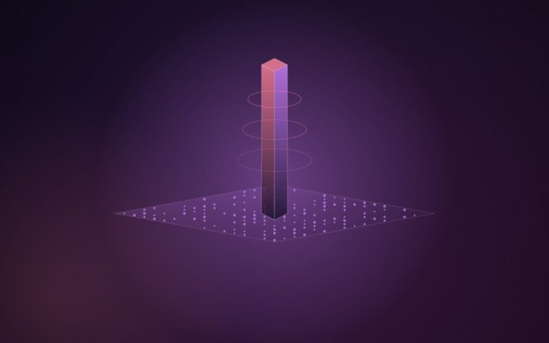 Abstract illustration of a wide, flat violet plane dotted with many small nodes, pierced by a single tall, narrow pink prism circled by rings